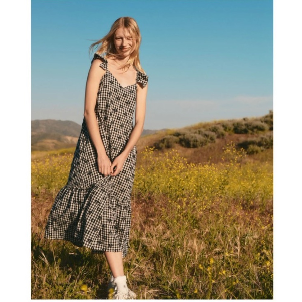 NWT Madewell Gingham Print Ruffle Hem Tent Midi Dress Preppy Black White Size 10